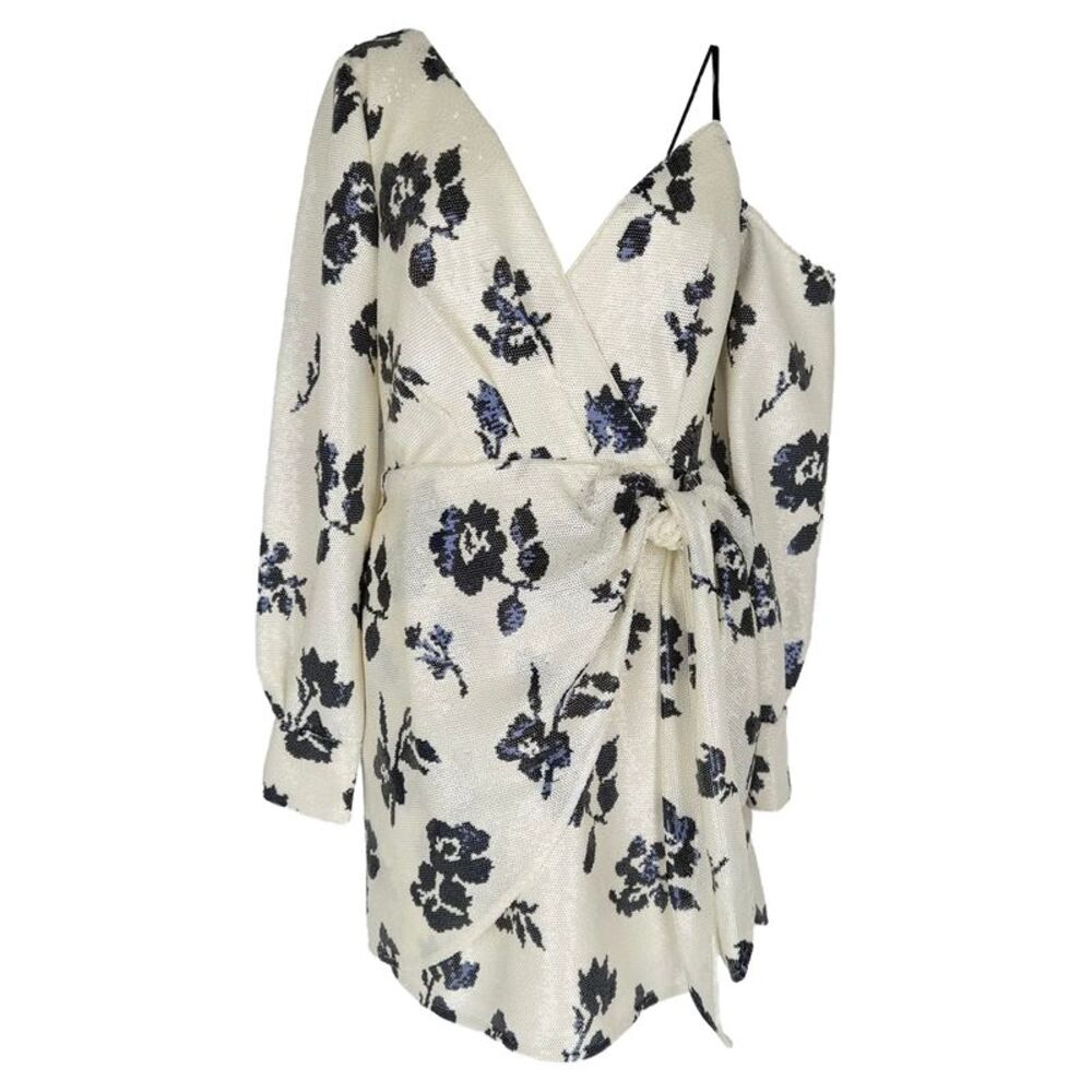 Self-Portrait Floral Sequined Mini Wrap Dress in Ivory Polyamide